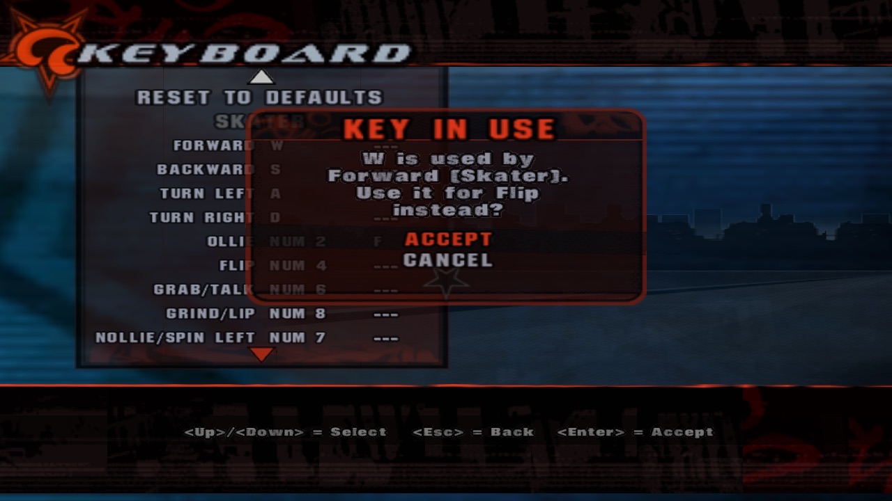 Options, Keyboard: a key already in use